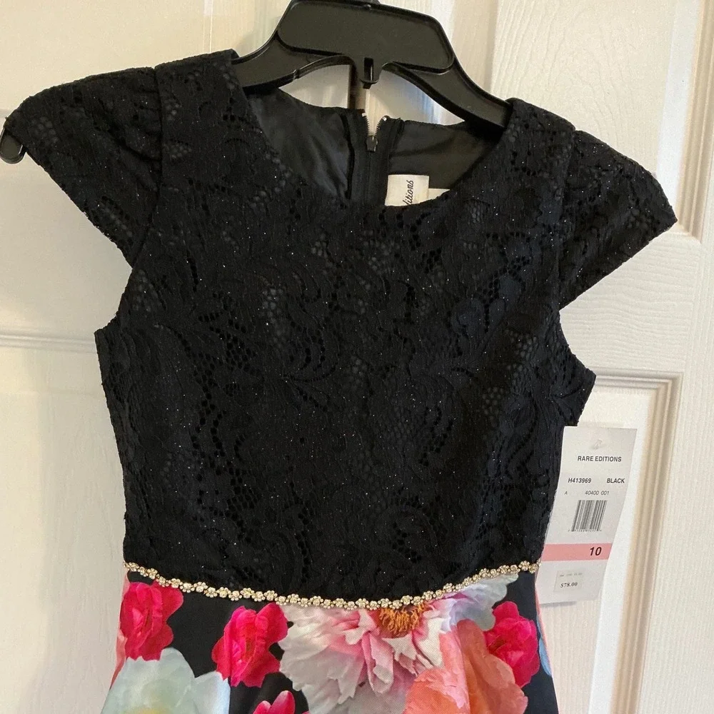 Rare Editions Girls Black Glitter Lace Floral Hi Low‎ Dress Size 10
